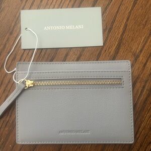 ANTONIO MELANI Light Gray Leather Zip Card Holder with Gold Hardware